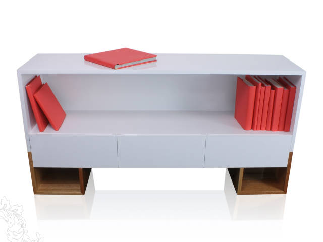 Small white bookcase with drawers at bottom